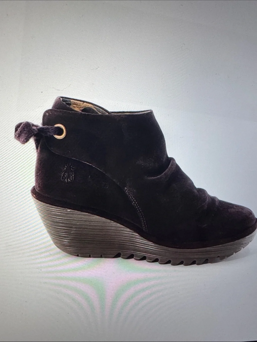 Fly London Yebi Brown Suede Wedge Booties Women 7 Ruched Tie Back Ankle Boot